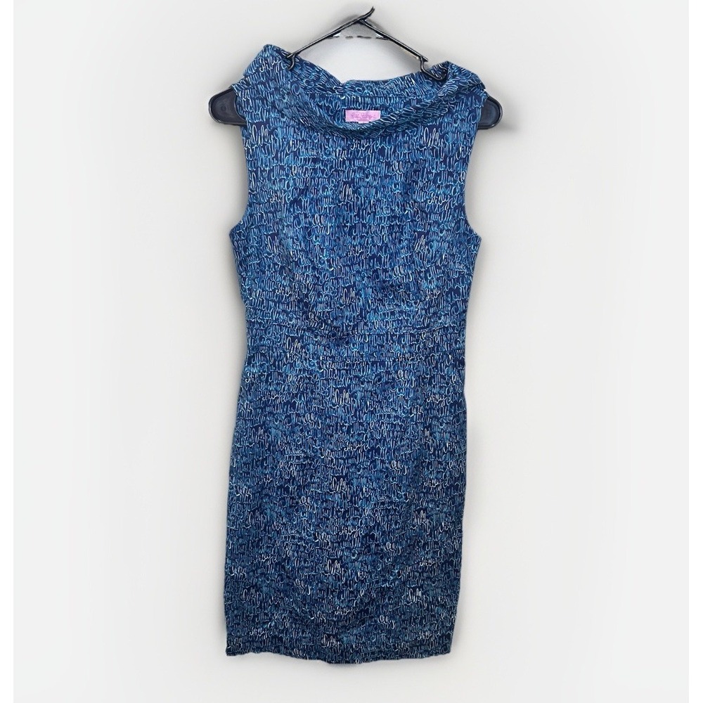 Lilly Pulitzer‎ Blue Logo Sheath Dress 4 Boat Neck Preppy Trad Wife Office